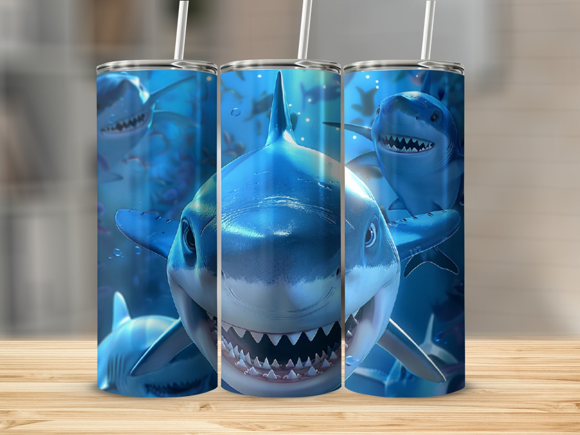 Three tumblers with a close-up of a shark's smiling face and sharp teeth.