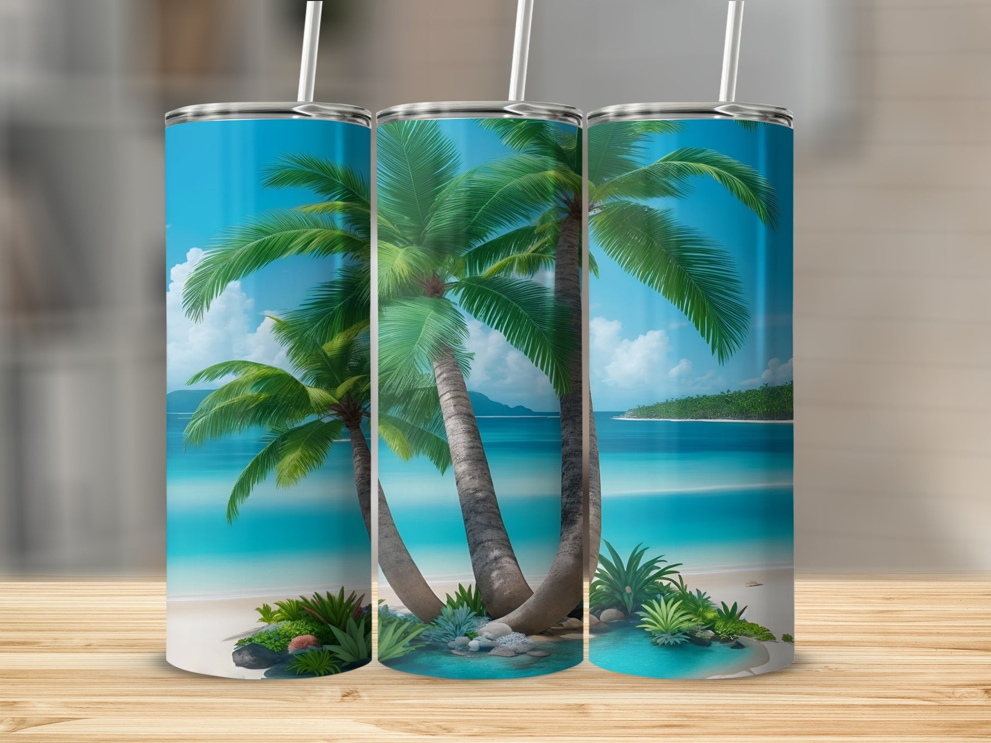 Tropical beach scene with palm trees and clear blue water.