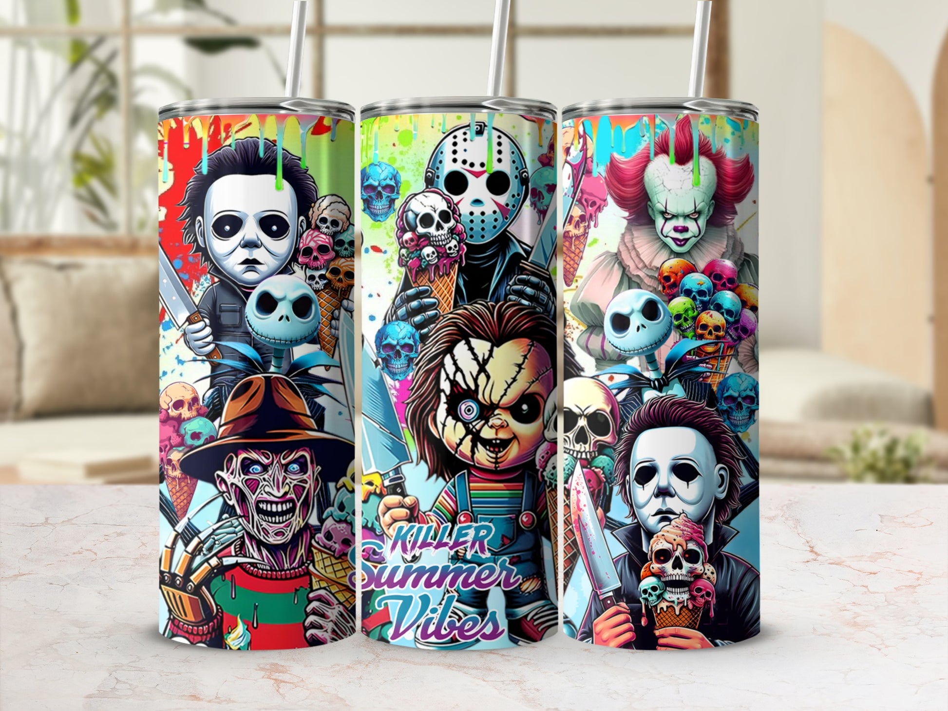 Three tumblers featuring horror characters, skulls, and ice cream with "Killer Summer Vibes" text.