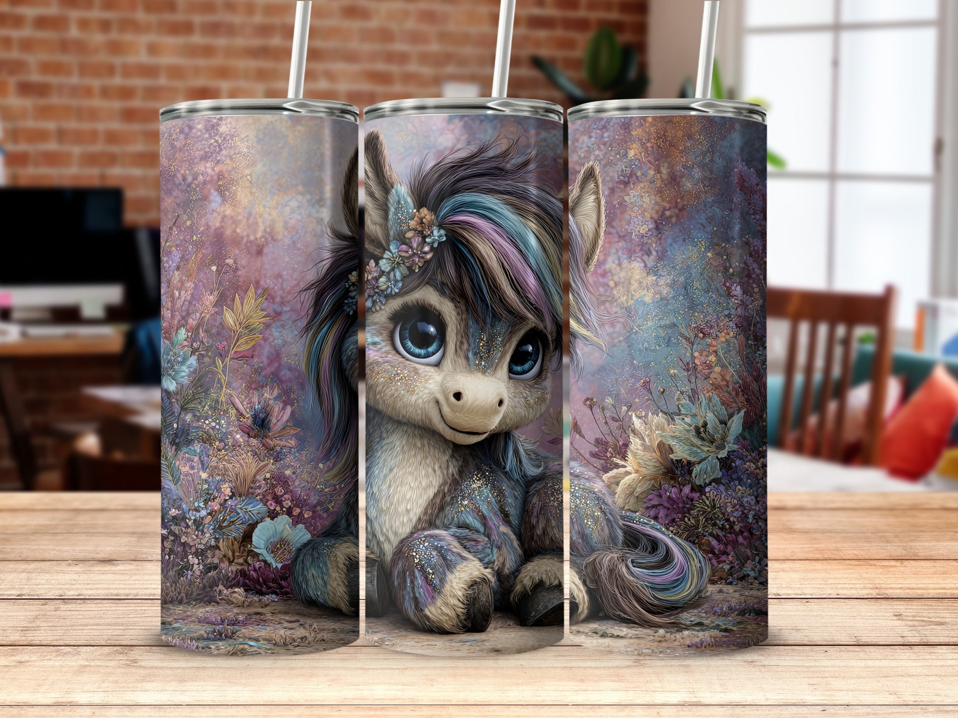Adorable Furry Unicorn Tumbler with Floral Designs