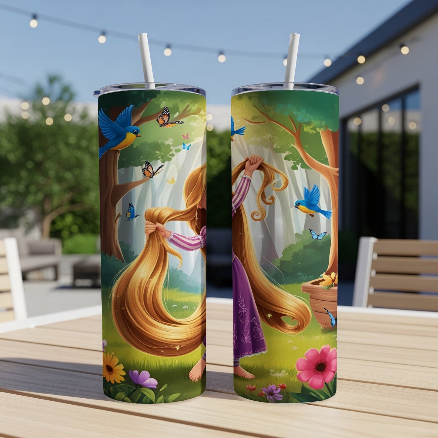 Rapunzel in a forest with birds and butterflies on a patterned tumbler.