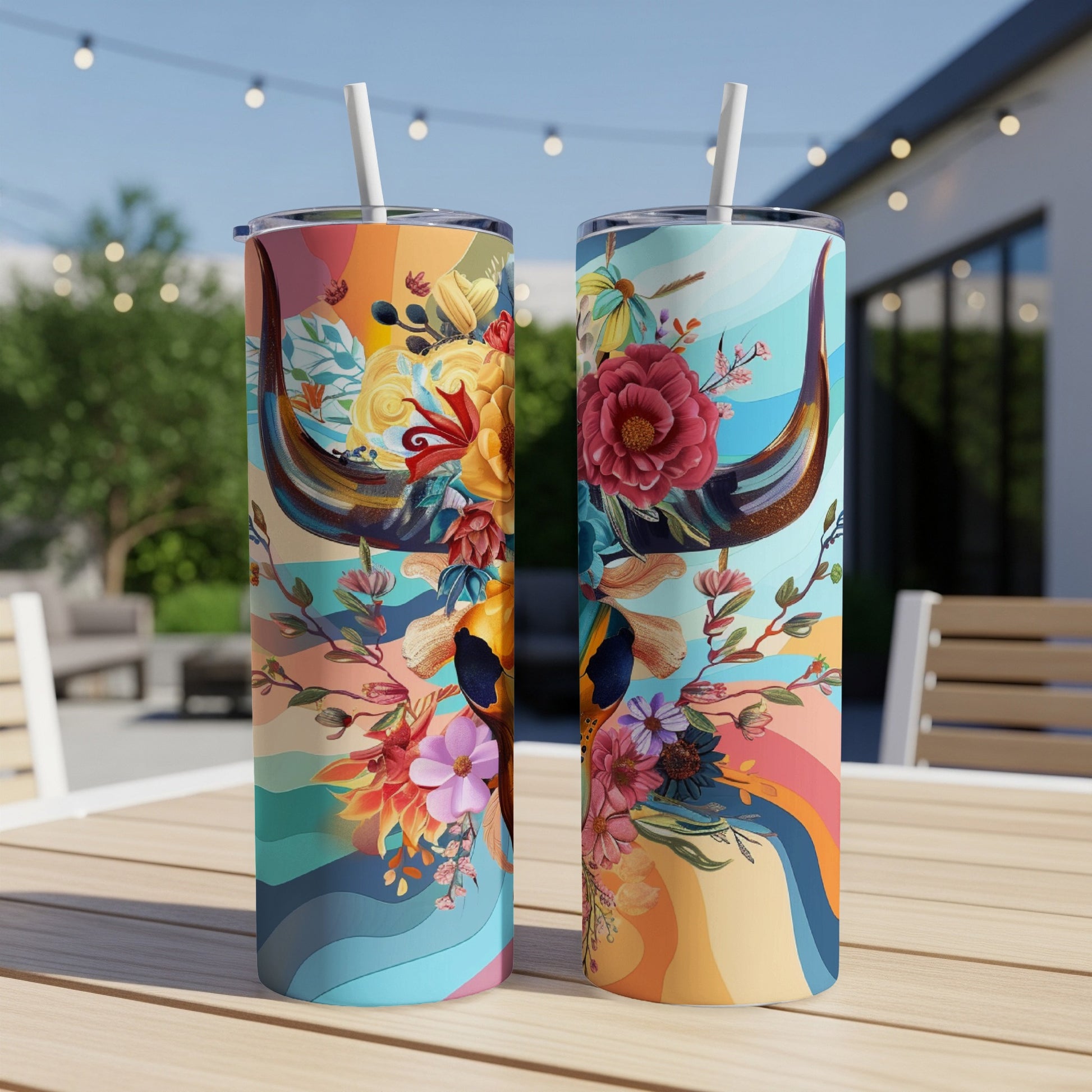 Two tumblers with floral cow design on a wooden table.