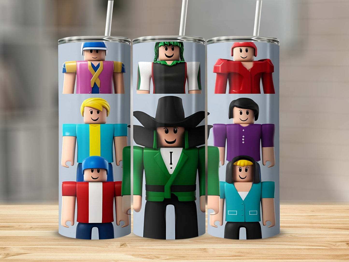 Roblox characters in various outfits on a cylindrical tumbler.