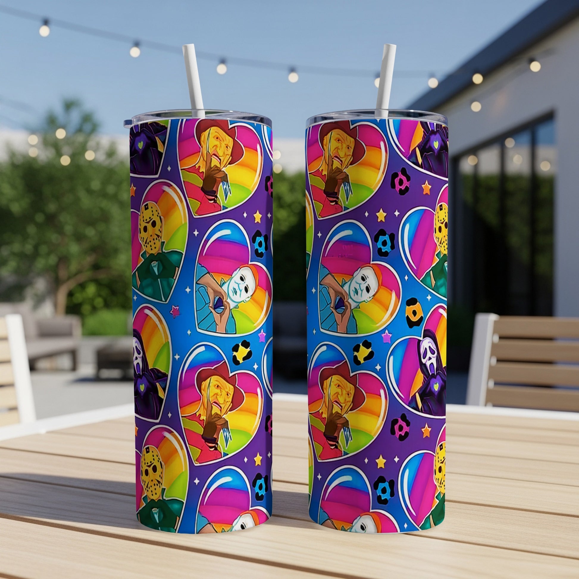 Two tumblers with horror characters in rainbow hearts and leopard print.