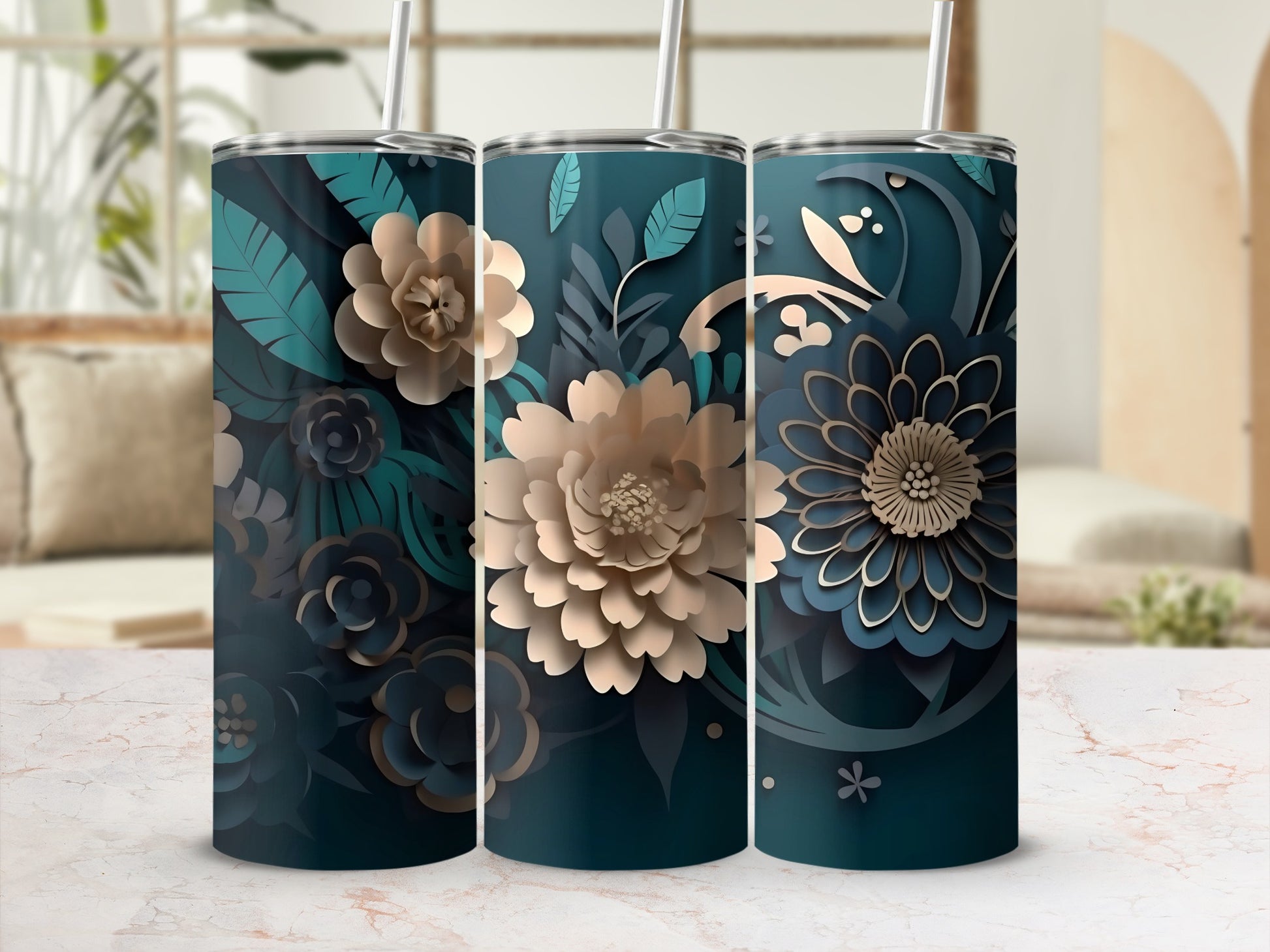 Floral Design Insulated Tumbler with Straw Travel Cup