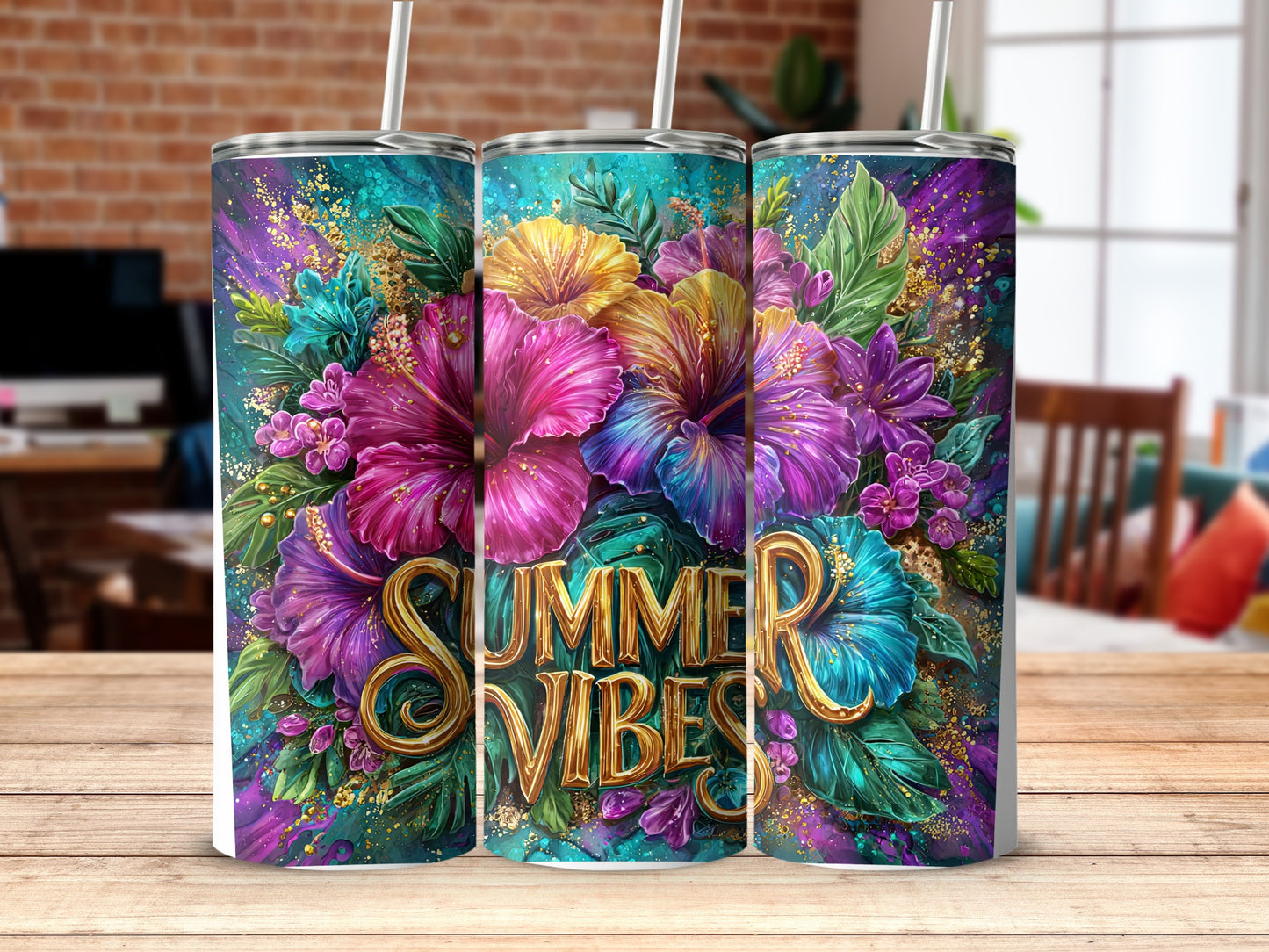 Colorful Floral Design Summer Vibes Drink Tumbler