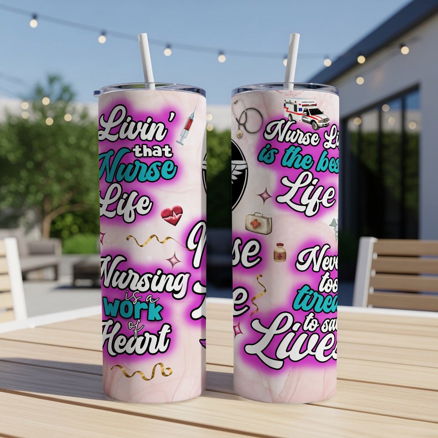 Pink marbled tumbler with nurse-themed text and graphics.
