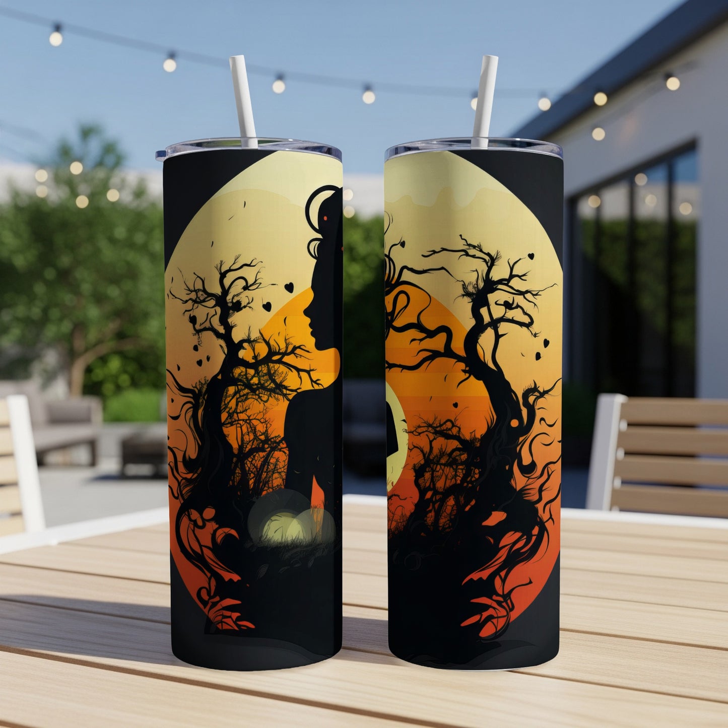 Two tumblers with silhouette of a woman against a moon and spooky trees.