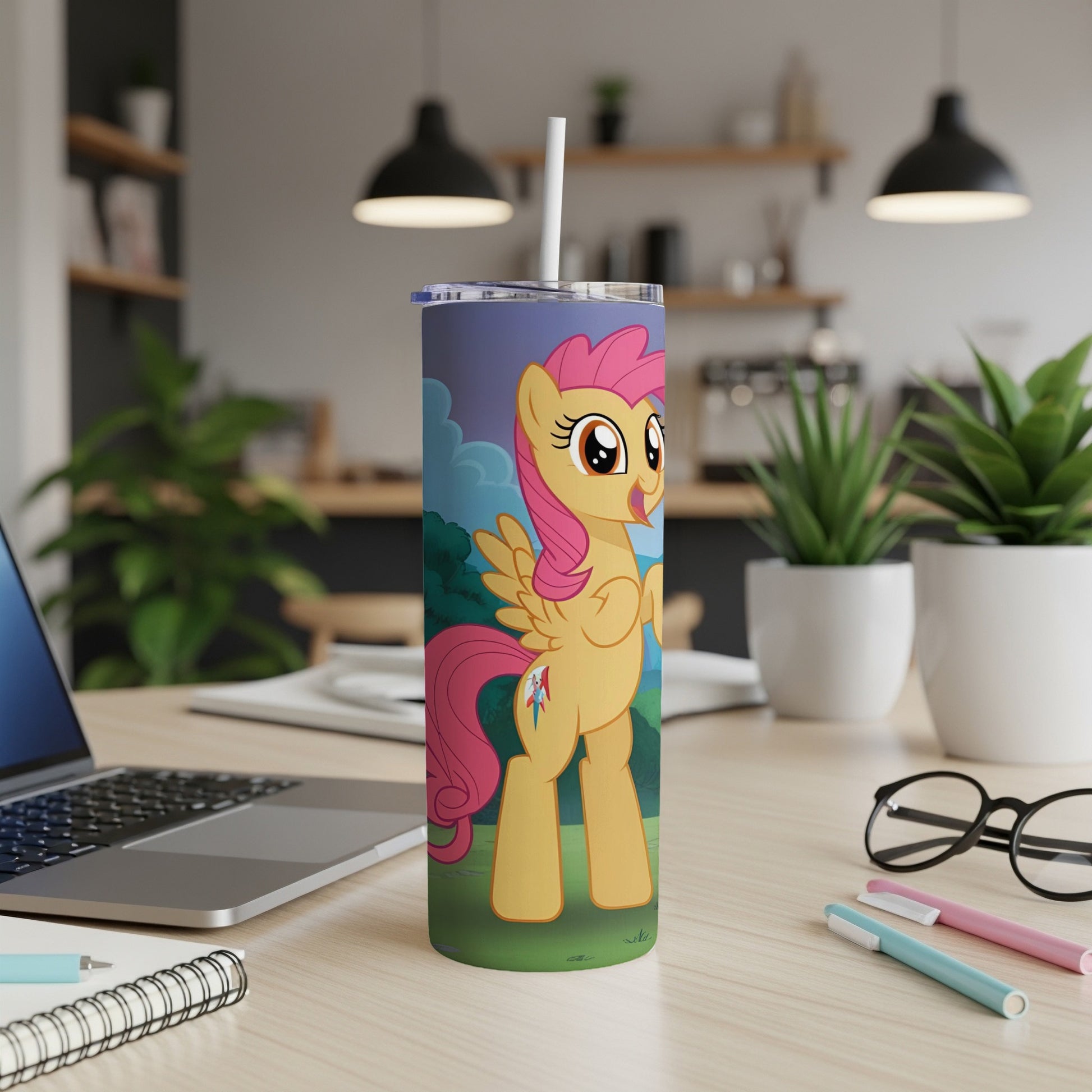 Pink pony with wings on a tall tumbler with a checkered lid.
