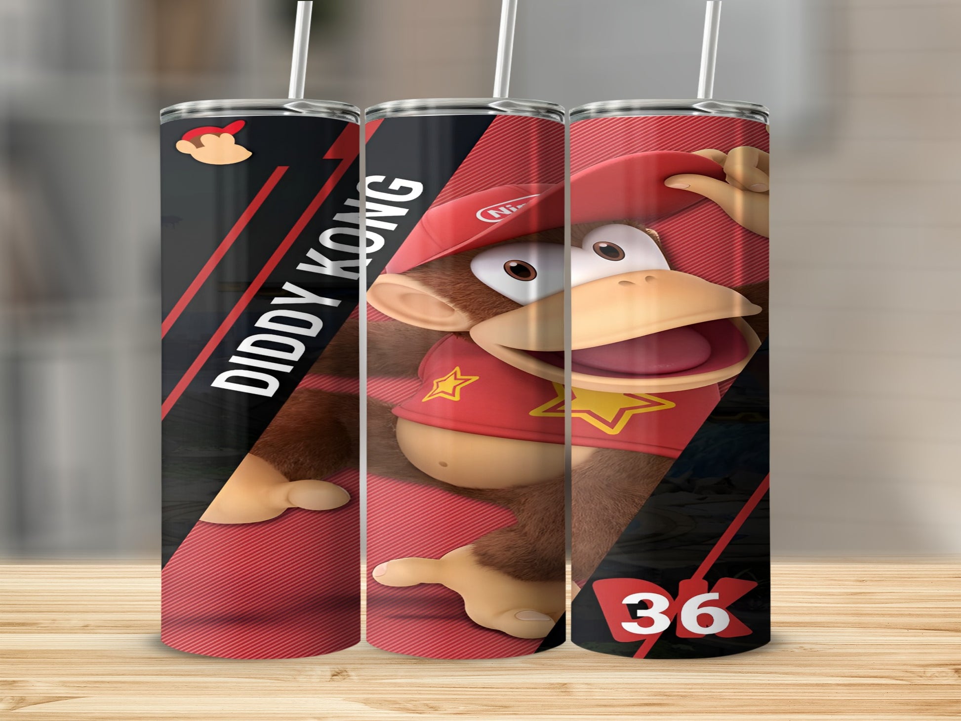 Diddy Kong in red cap and shirt with "36" on a patterned tumbler.