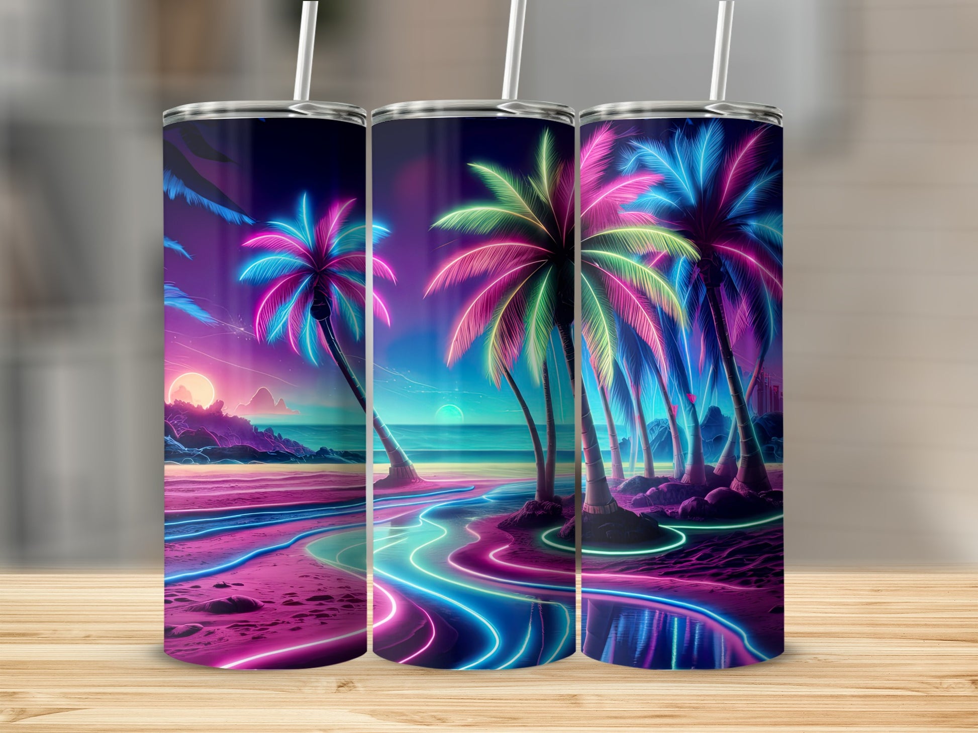 Neon palm trees on a beach at sunset, three tumblers.