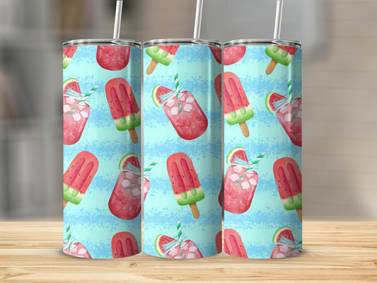 Three tumblers with watermelon popsicle and slice pattern on blue background.