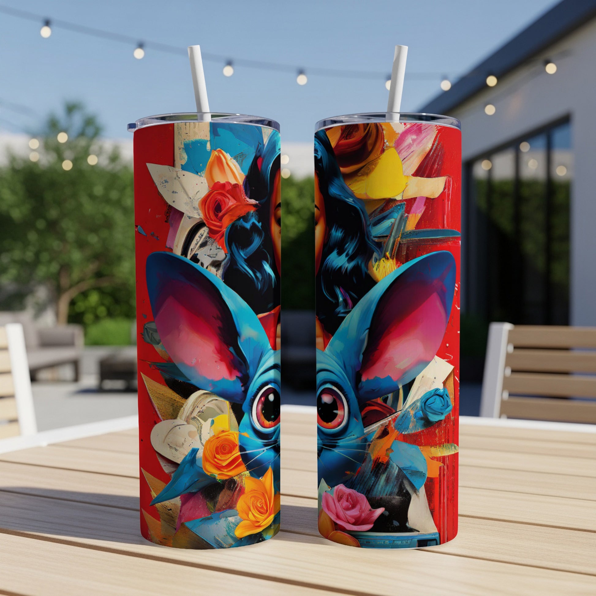 Two tumblers with a blue cartoon rabbit face and colorful abstract art.