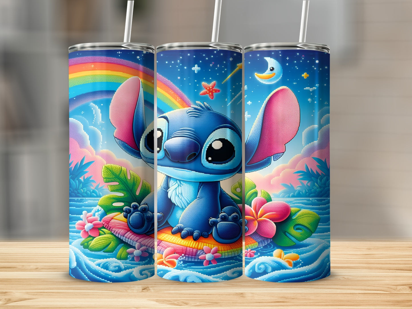 Stitch sitting on a floating leaf with a rainbow and moon.