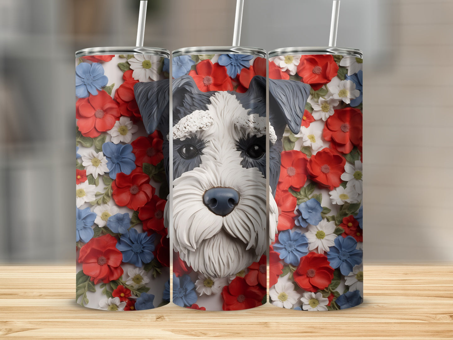 Schnauzer face surrounded by red, white, and blue flowers on a tumbler.