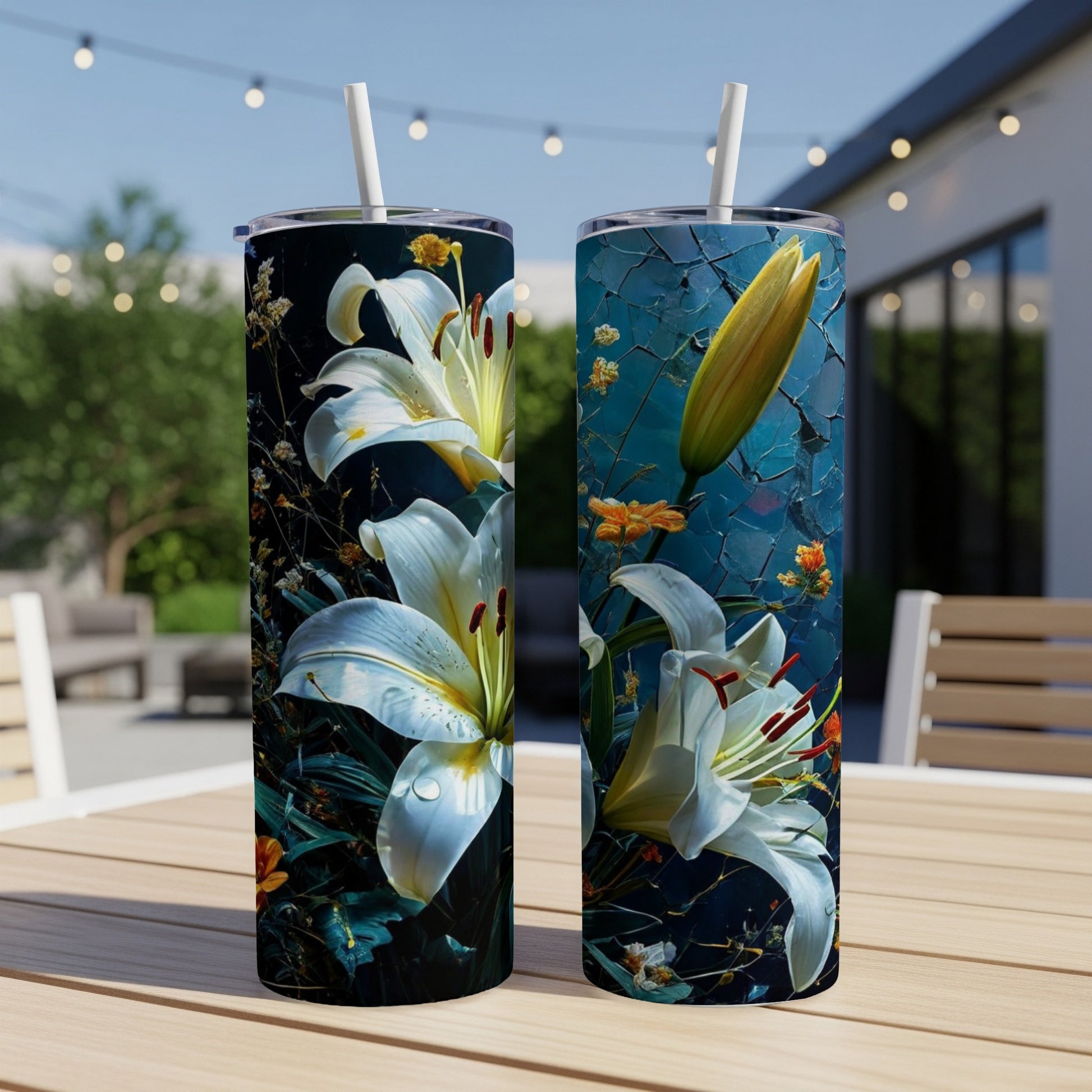 Two tall tumblers with white lilies and yellow buds on a dark floral background.