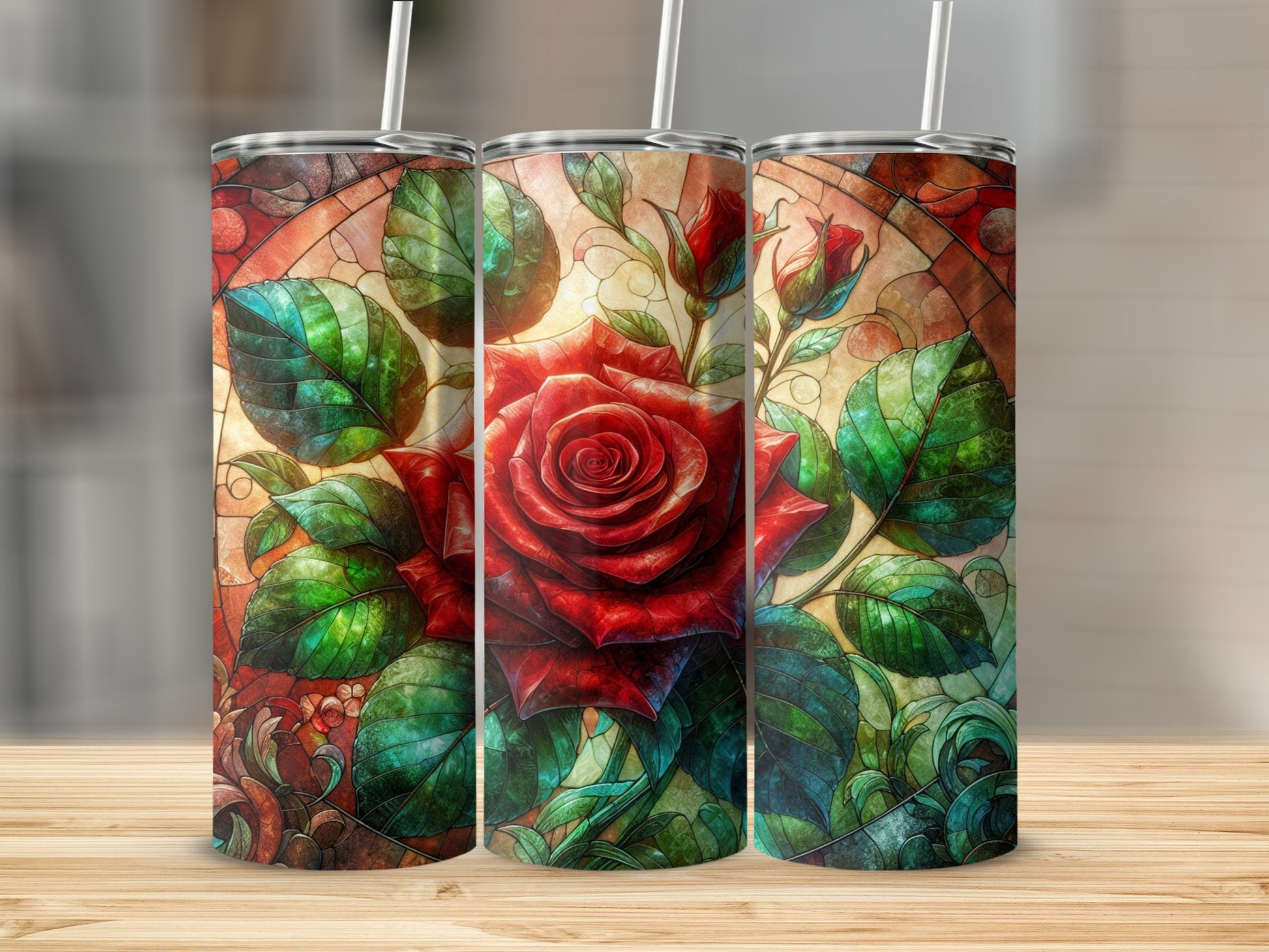 Red rose stained glass design on a tumbler.
