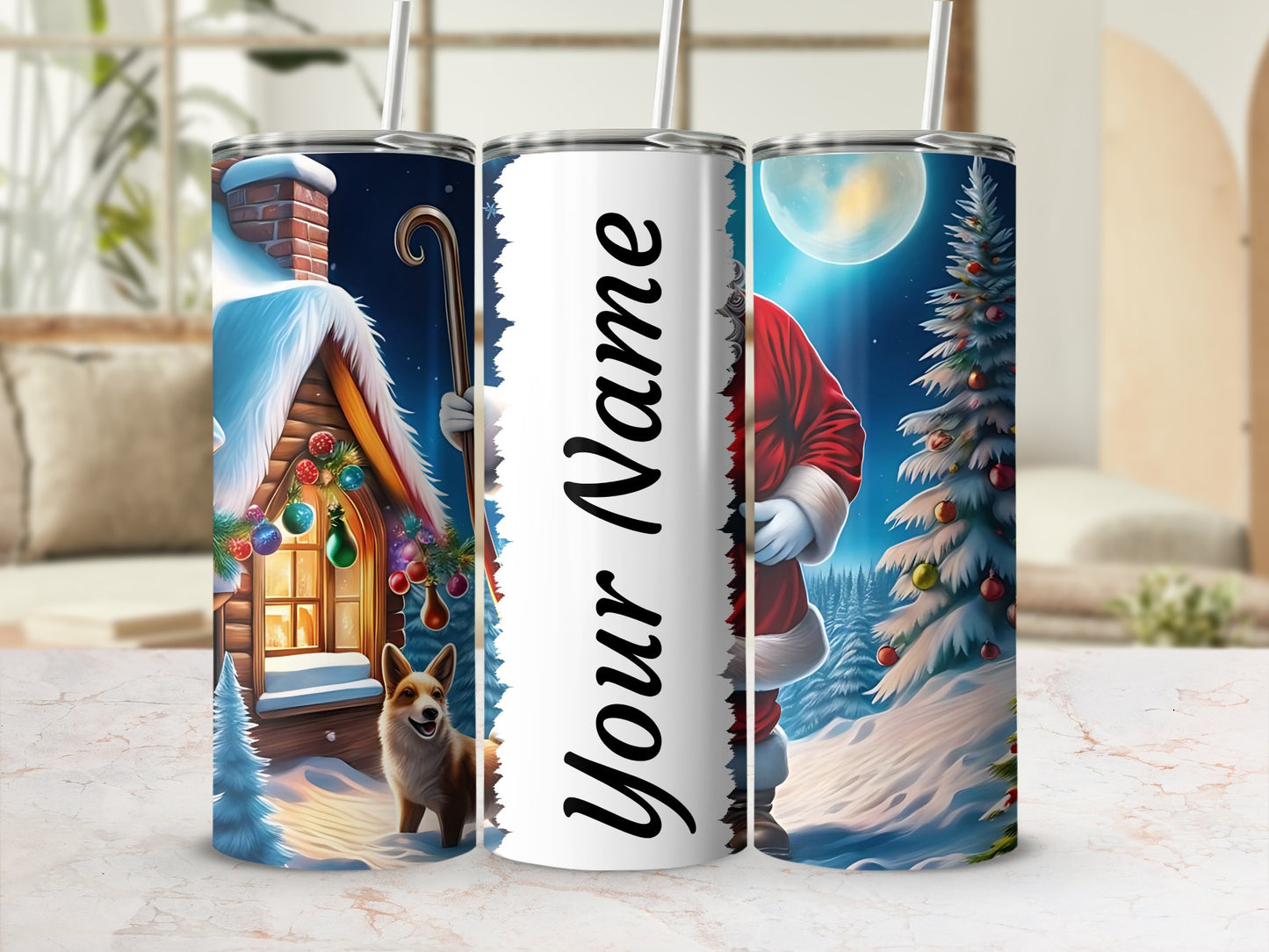 Personalized Christmas Themed Tumbler with Santa Claus