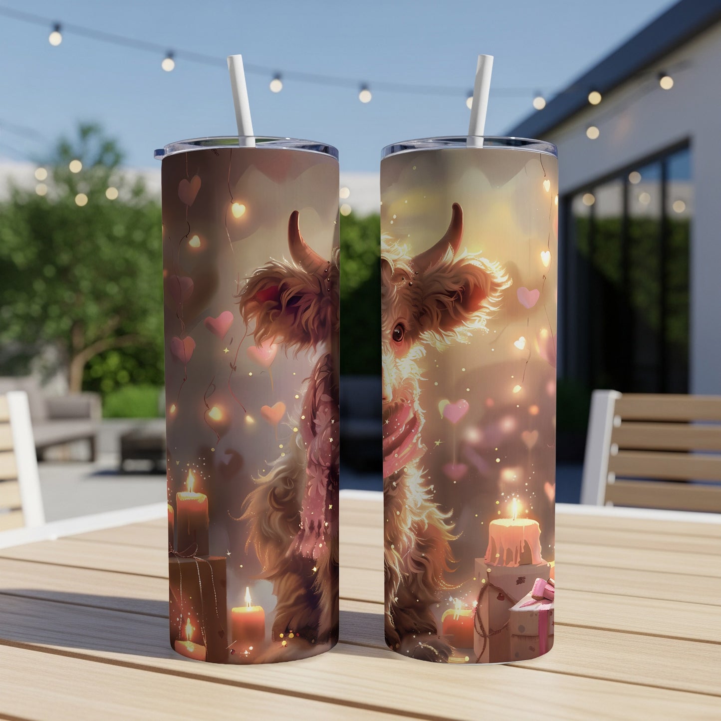 Two tumblers featuring a Highland cow illustration surrounded by hearts and candles.