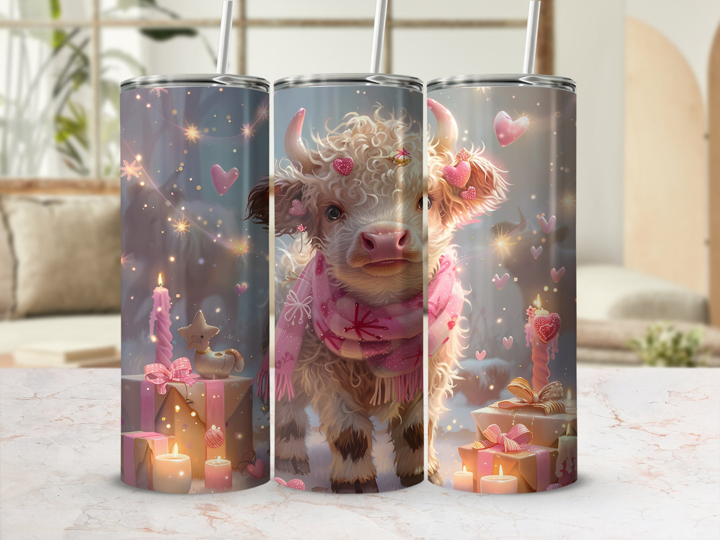 Cow tumbler with hearts, gifts, and candles, against a soft bokeh background.