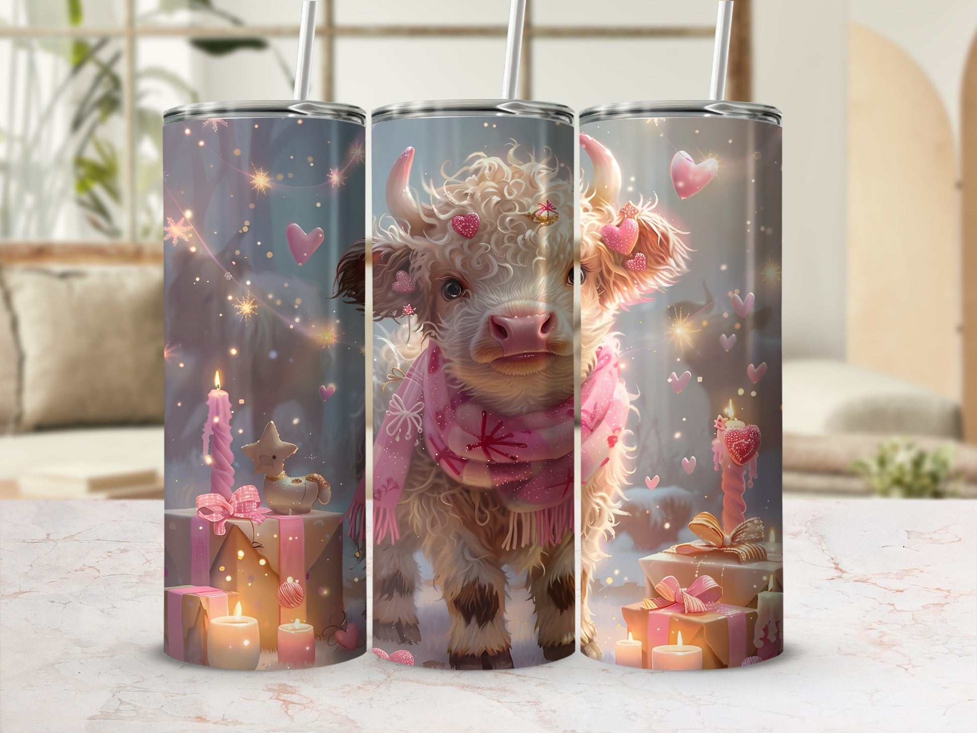 Cow tumbler with hearts, gifts, and candles, against a soft bokeh background.