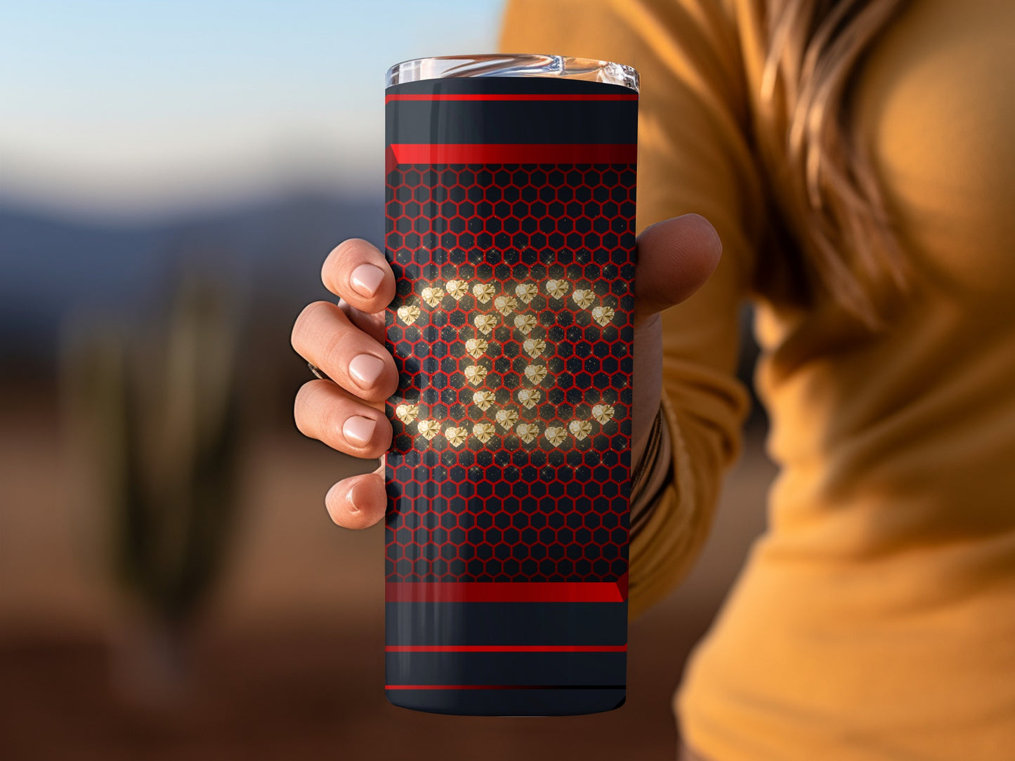 Stylish Hexagon Pattern Tumbler With Gold Glitter Design