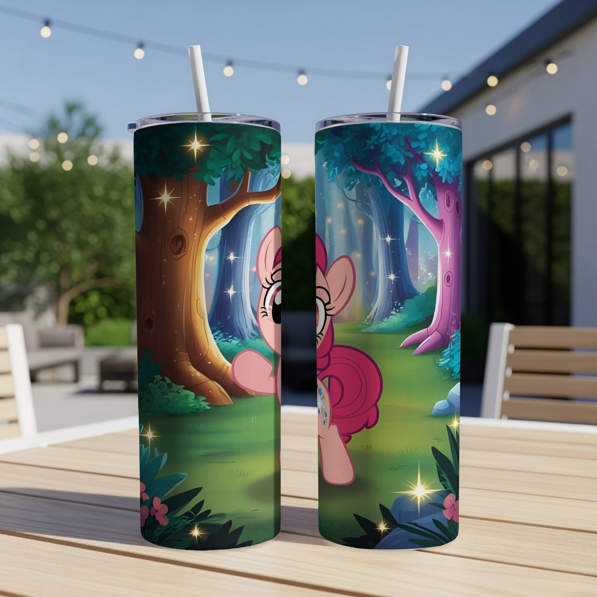 Pinkie Pie from My Little Pony in a magical forest on a tumbler.