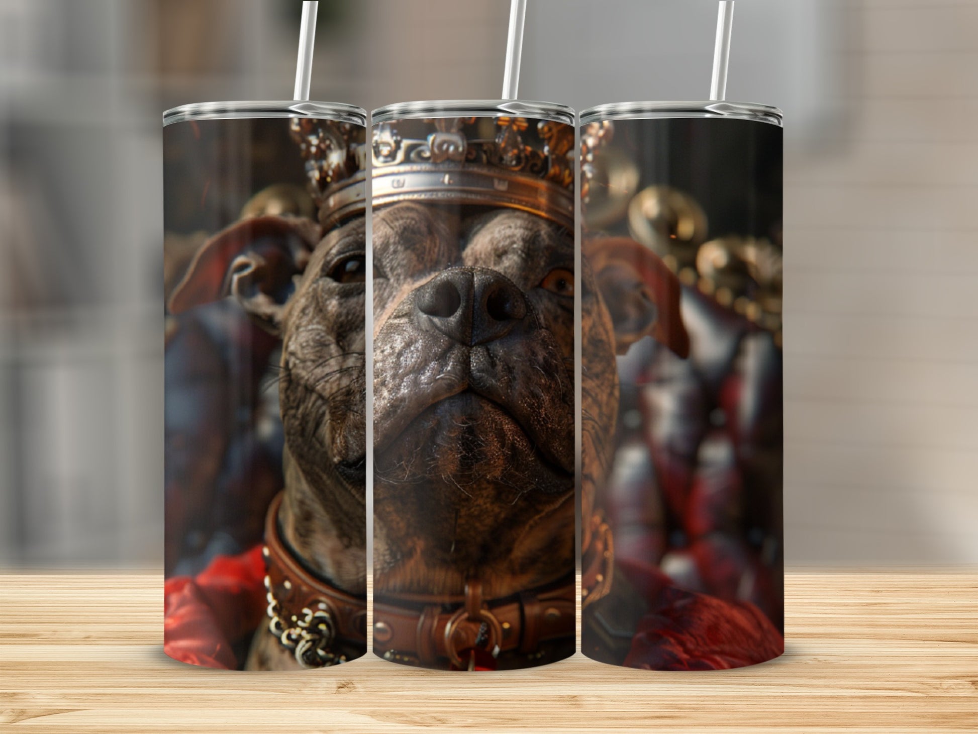Pit bull wearing a crown and red cape, featured on a tumbler.