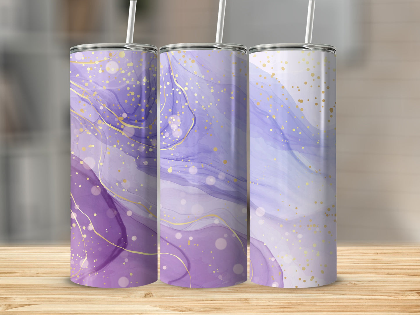 Three tumblers with purple watercolor and gold splatter design.