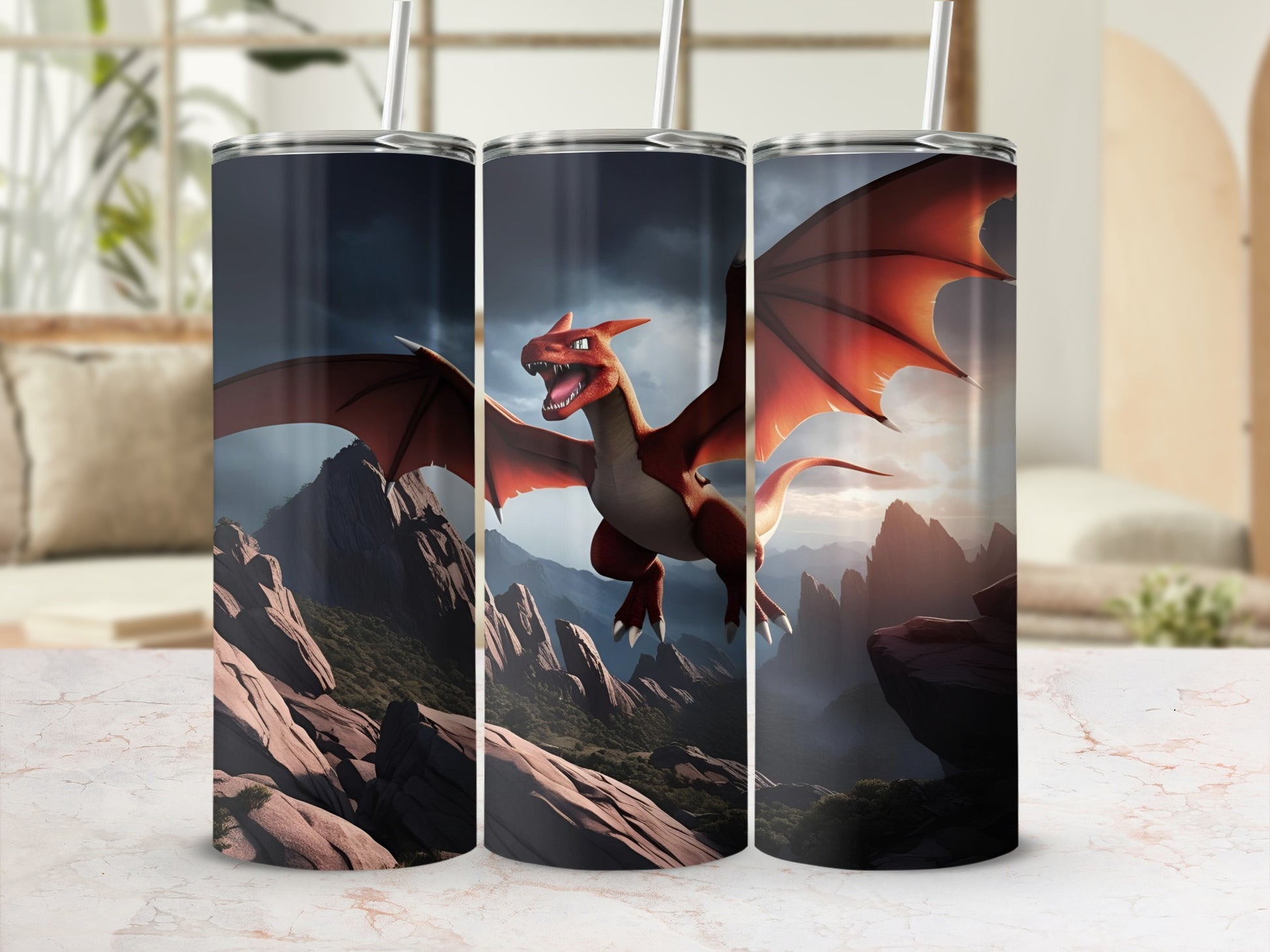 Red dragon in flight over rocky mountains.