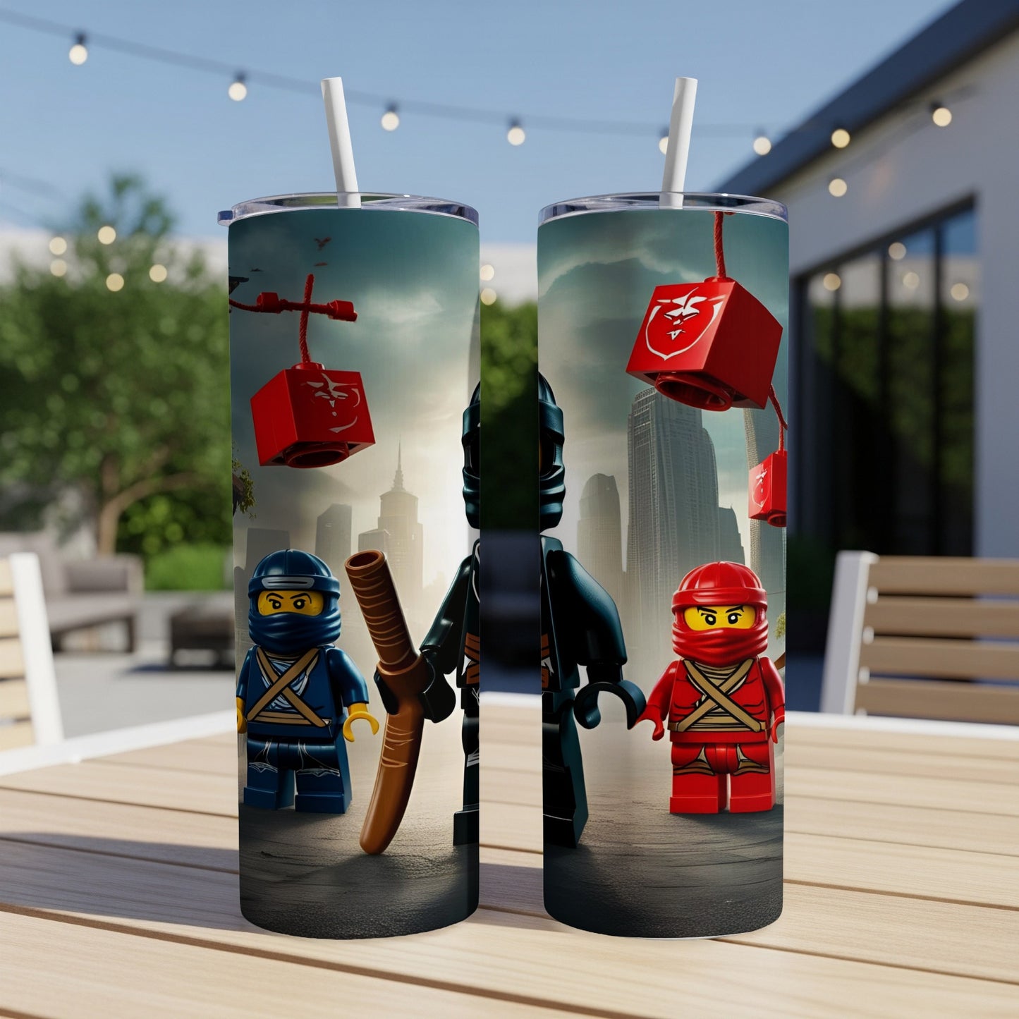 Two LEGO Ninjago ninja characters in front of a cityscape with red cubes.