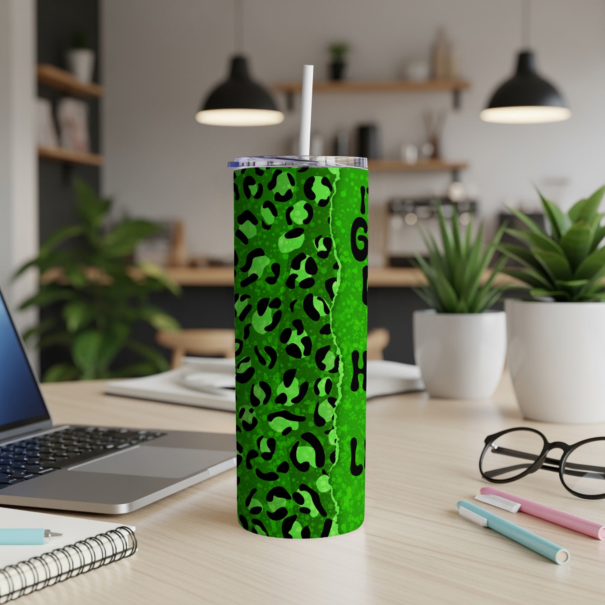 Green tumbler with leopard print and "I'm Going To Hell" text.