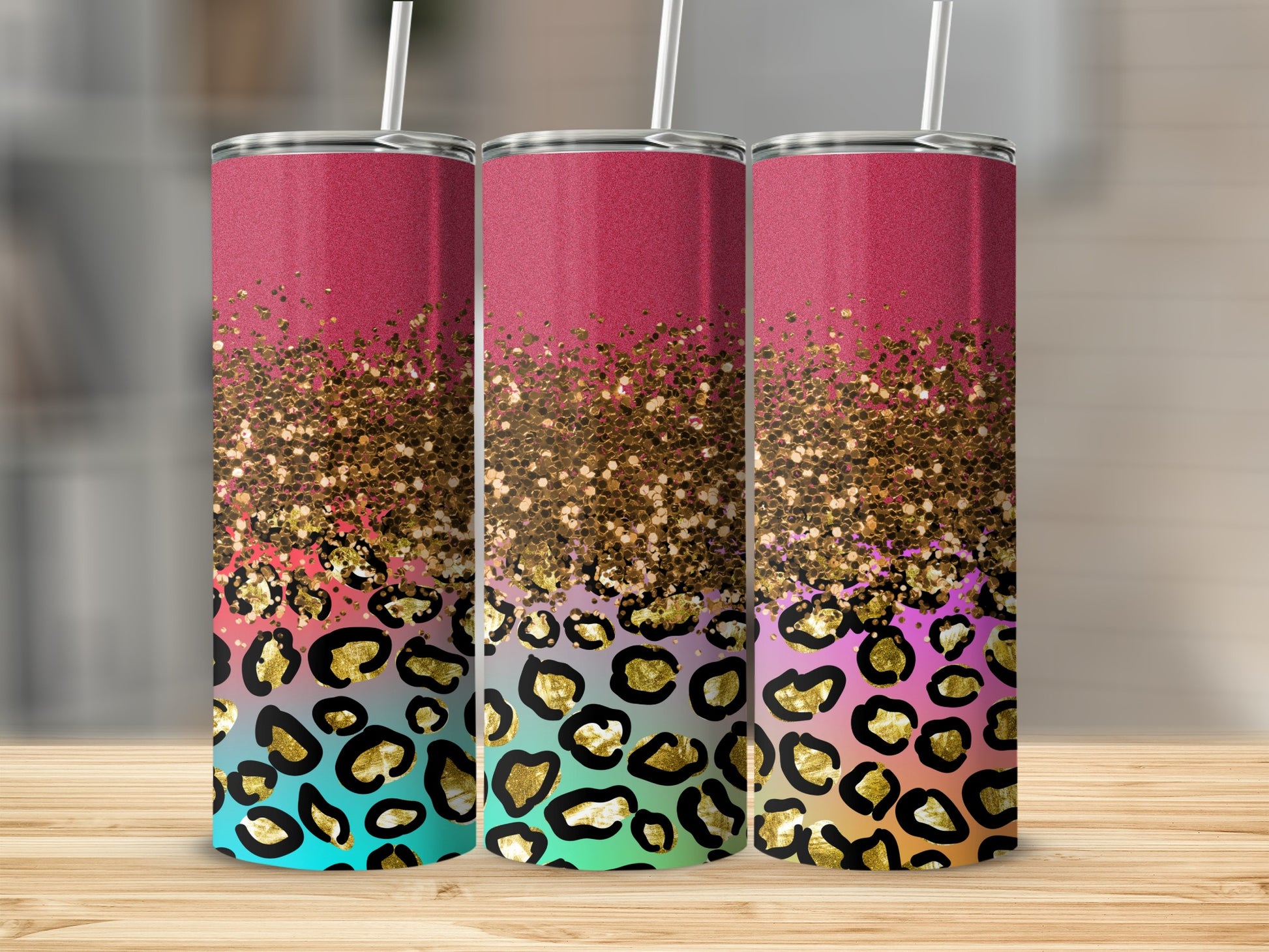 Glitter Leopard Design Tumbler with Straw Drinkware