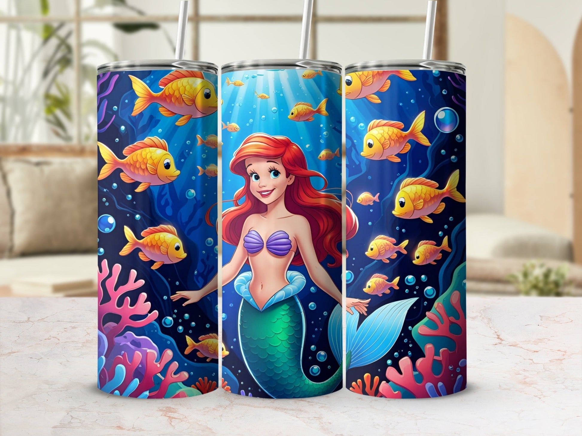 Mermaid surrounded by colorful fish and coral reefs.