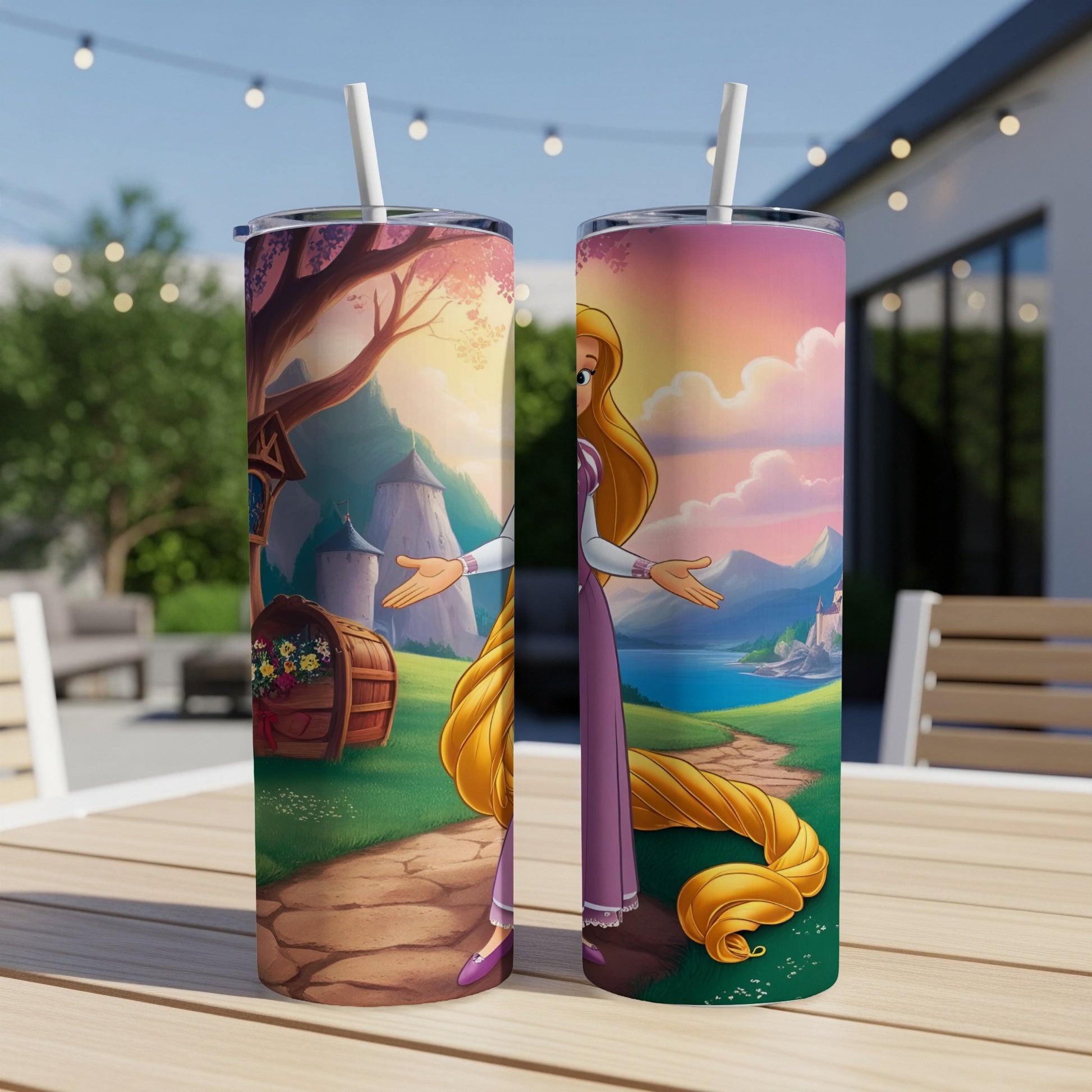 Rapunzel with long blonde hair on a purple tumbler with a rural castle background.