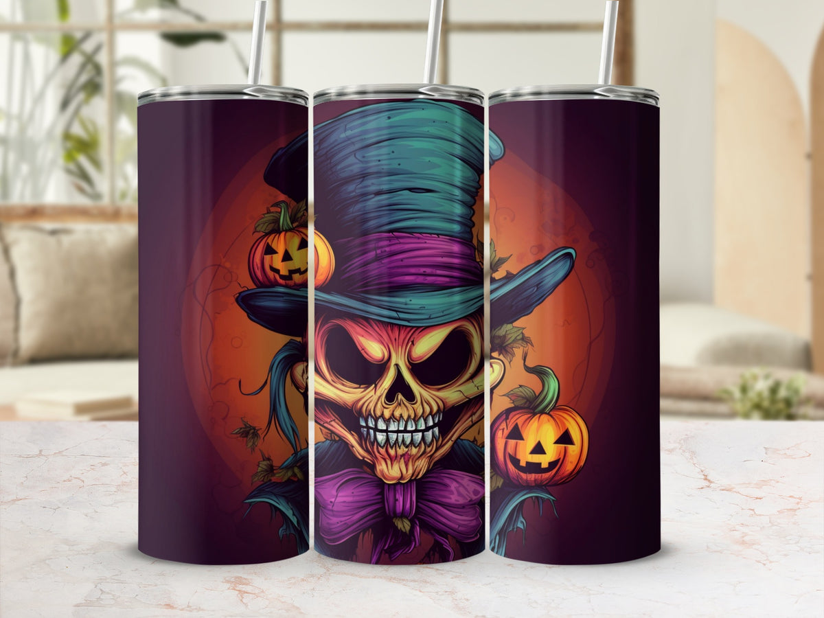 Tumbler with a spooky skeleton wearing a tall hat and pumpkin details.