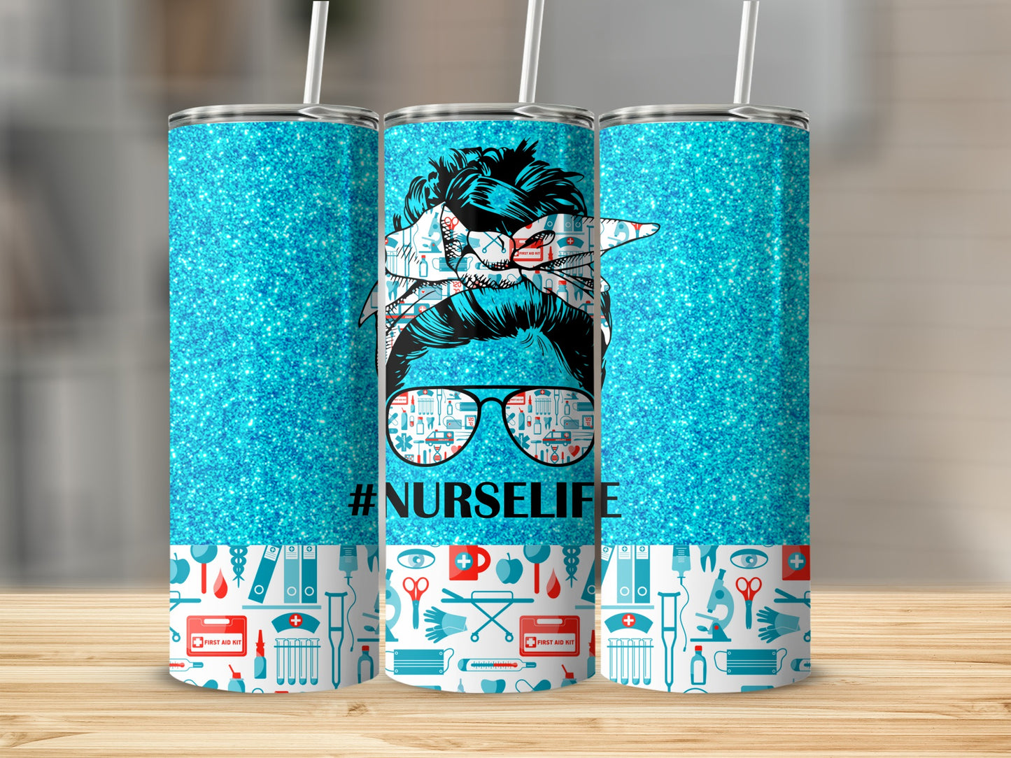 Glittery blue tumbler with "NURSELIFE" and medical icons.