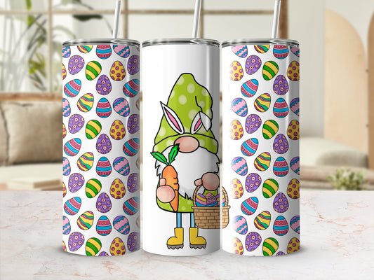 Easter gnome with carrot and basket on patterned tumblers.