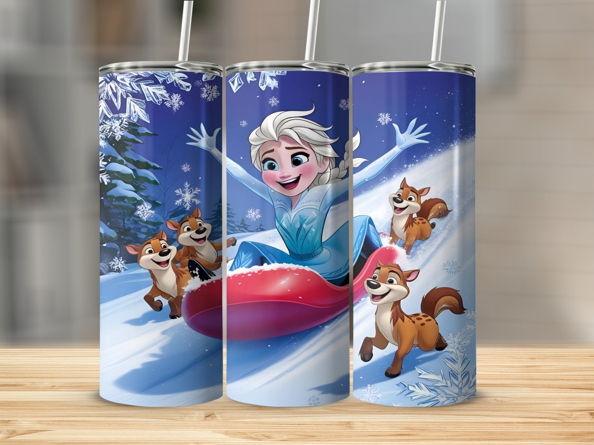 Elsa sledding with Chip and Dale through a snowy forest.