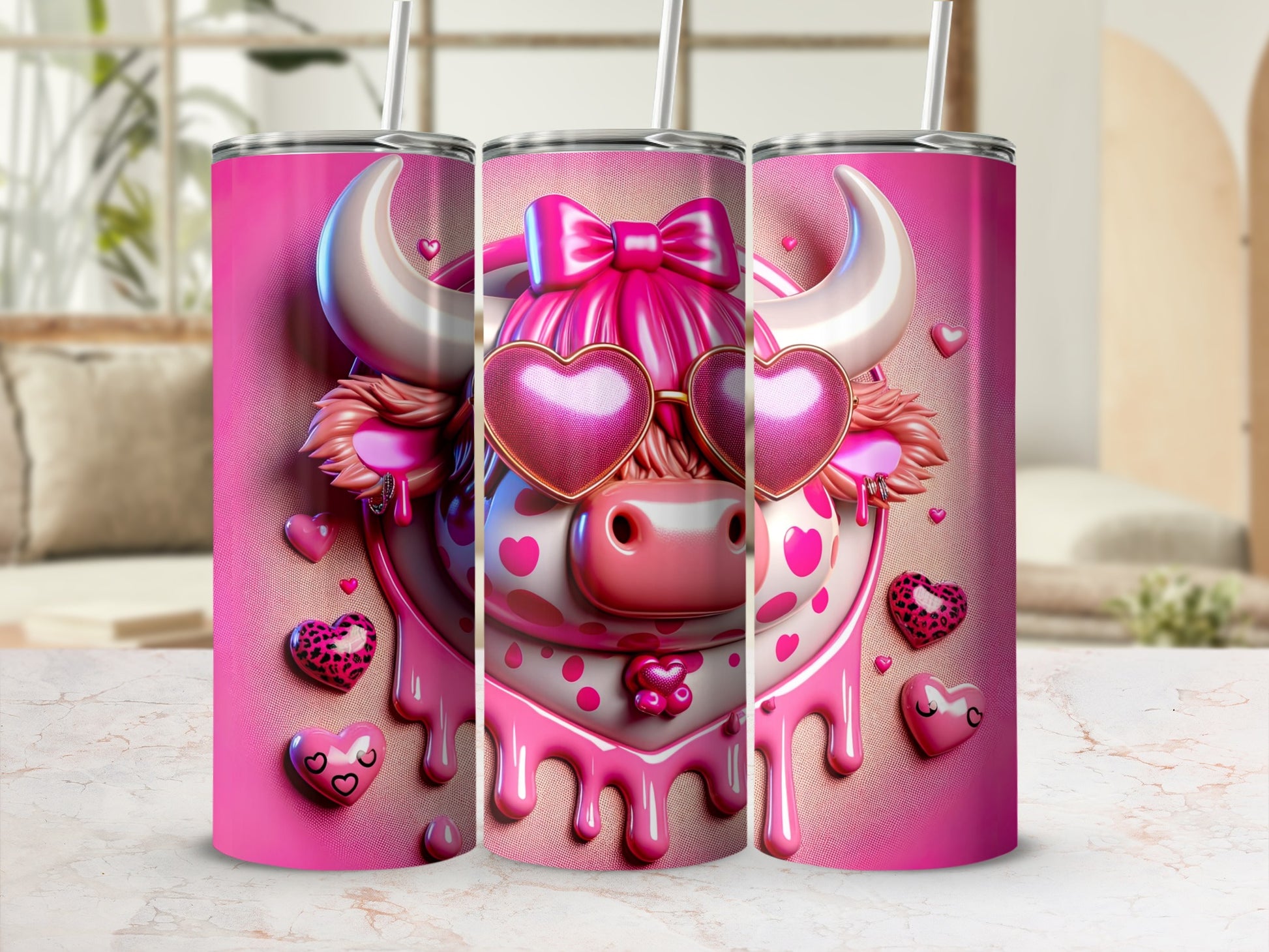 Pink cow wearing heart sunglasses and a bow, with dripping hearts.