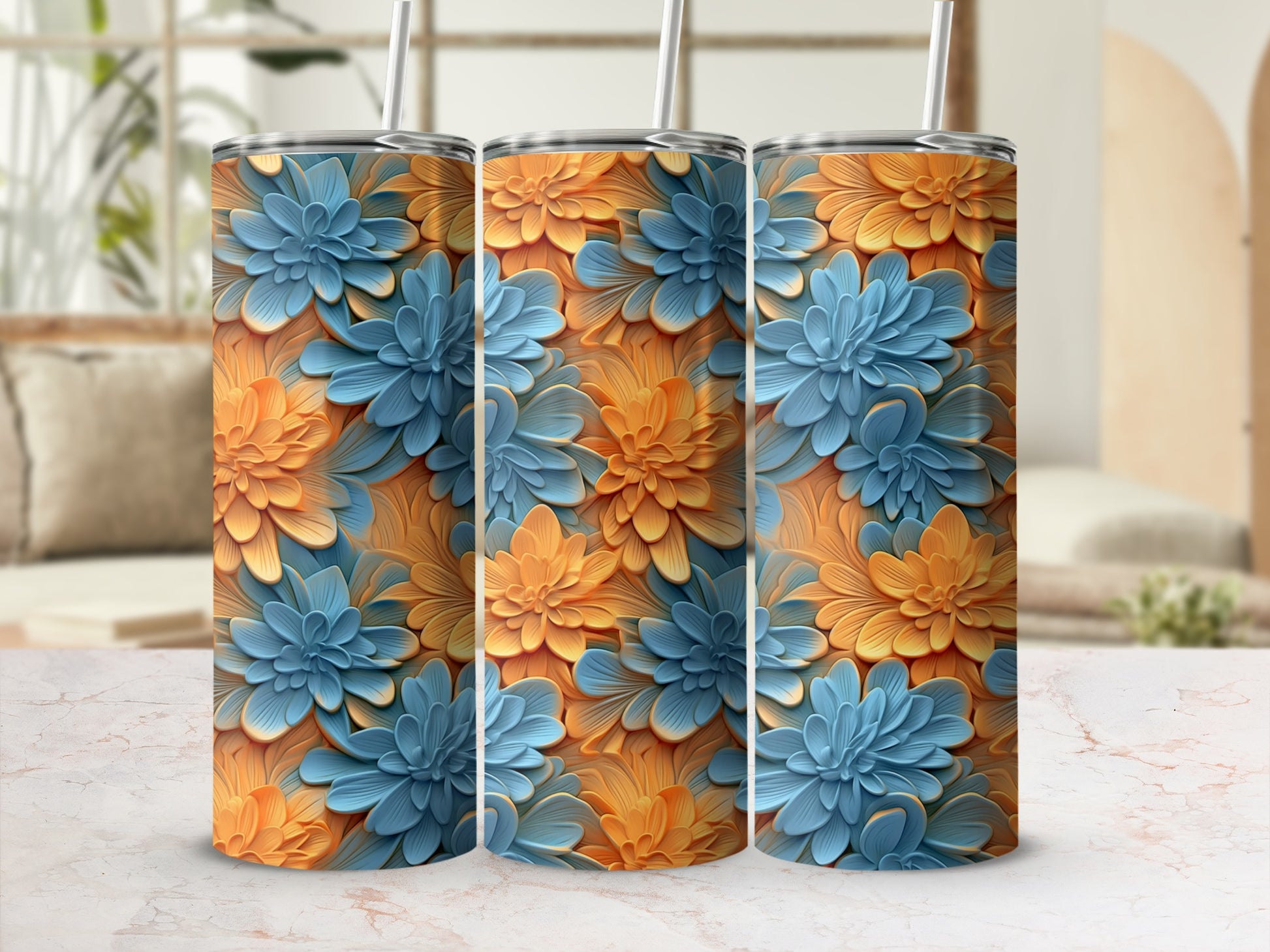 Vibrant Blue and Orange Floral Design Tumbler