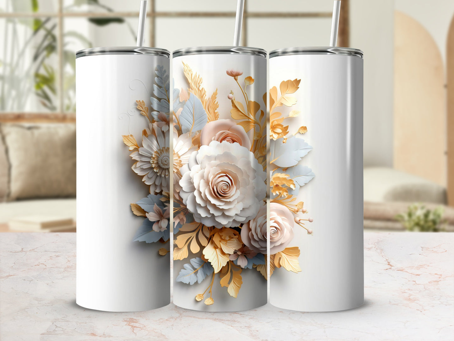 Floral White Tumbler with Rose and Daisy Design