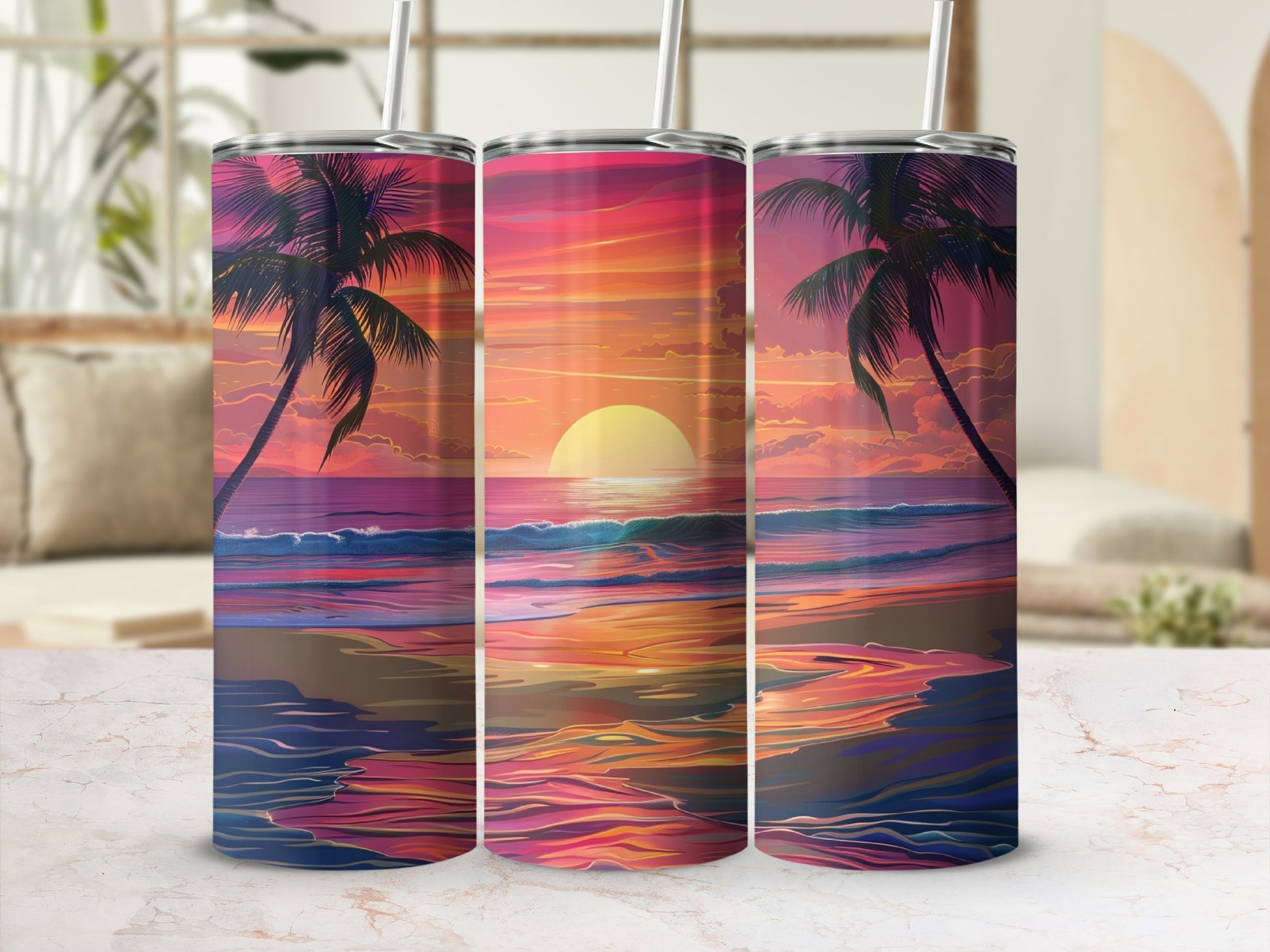 Three tumblers with a vibrant sunset beach scene and palm trees.