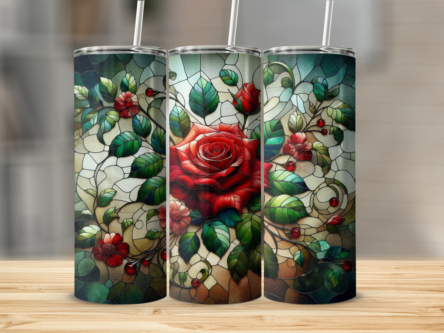 Three tumblers with red roses and green leaves stained glass design.