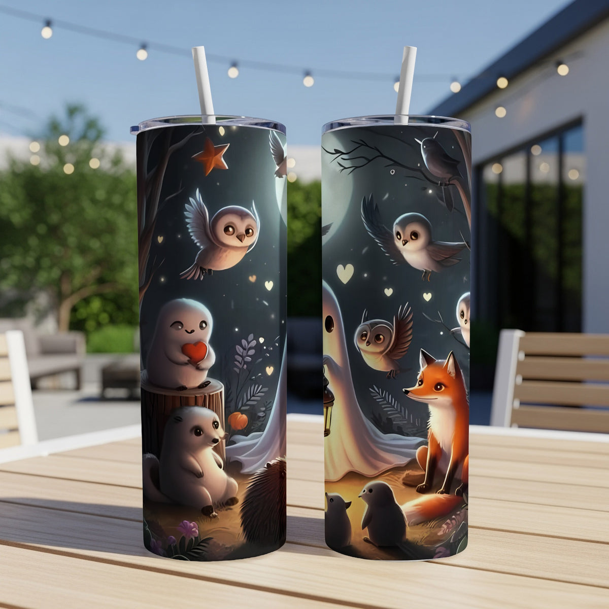 Cute owls, ghosts, fox, and animals on a dark, whimsical night design.