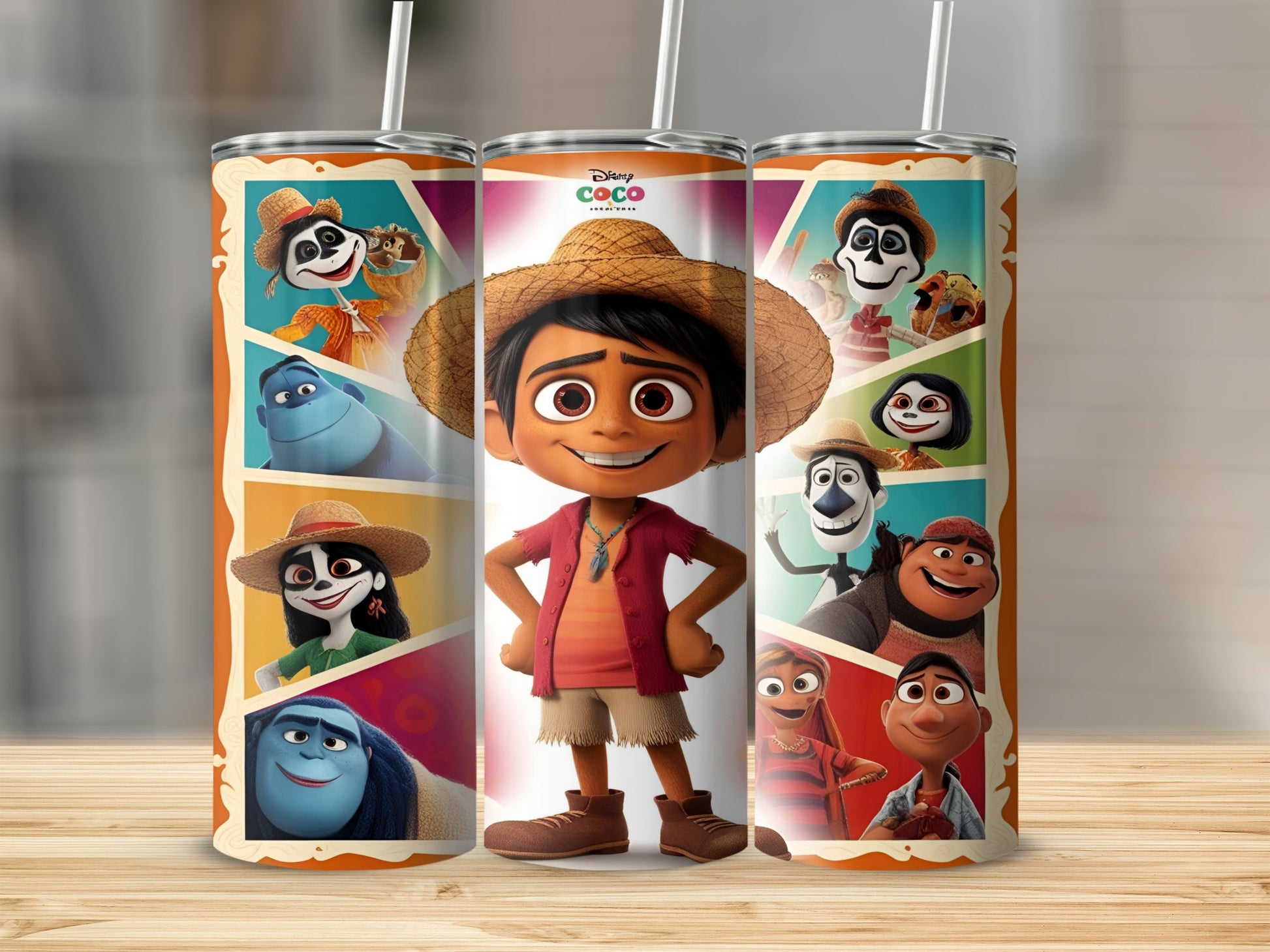 Three Disney Coco tumblers featuring Miguel and other characters from the movie.