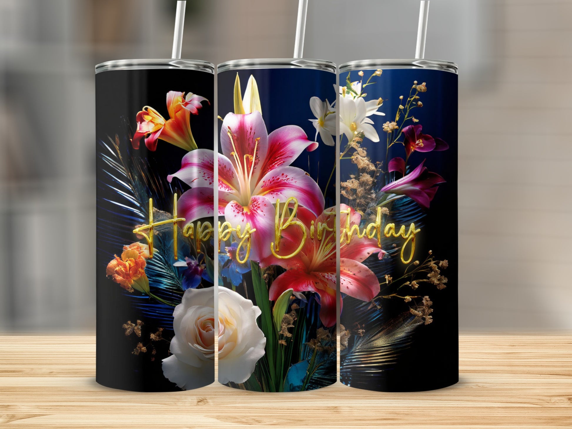 Three floral tumblers with "Happy Birthday" text.