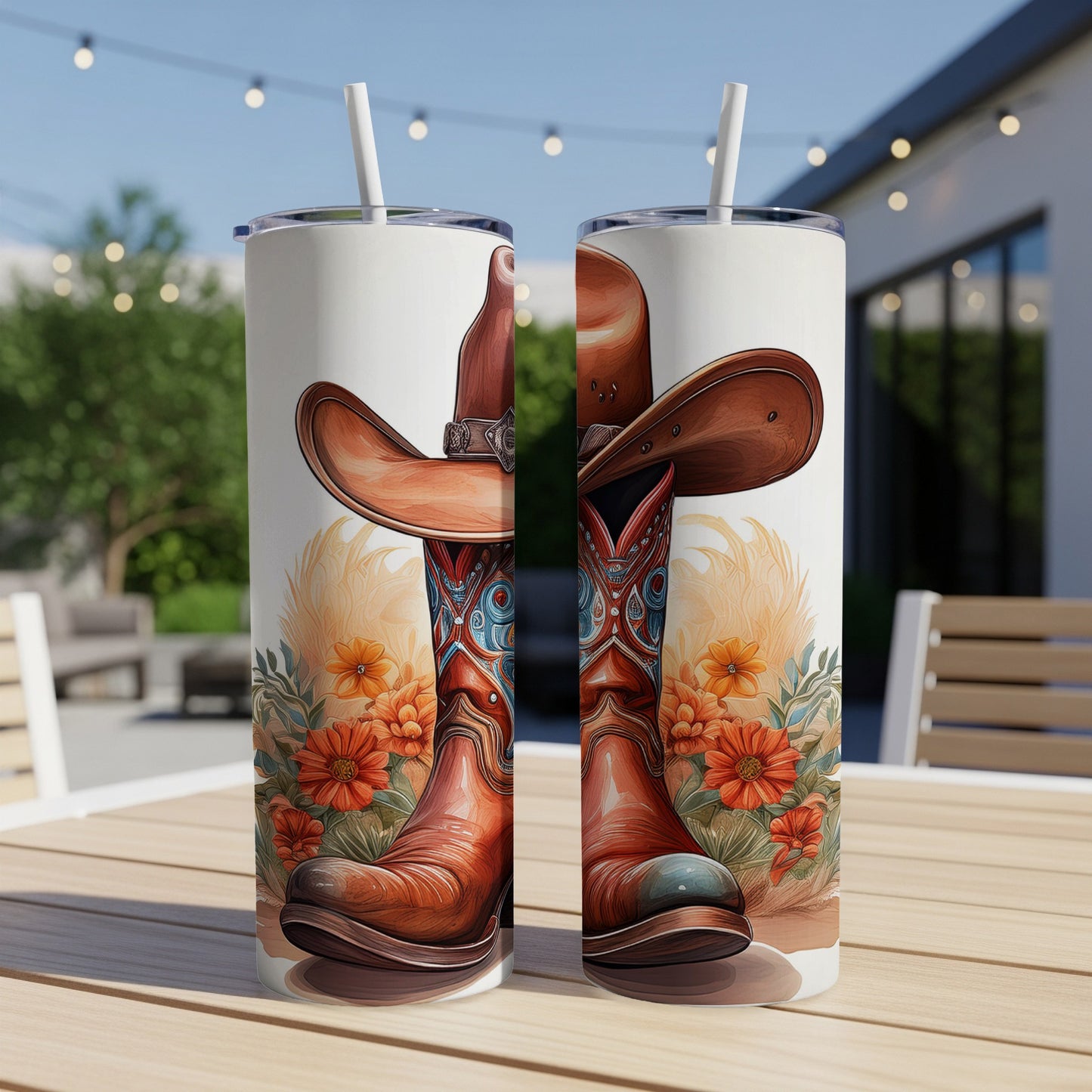 Two tumblers with cowboy boots, hat, and floral design.
