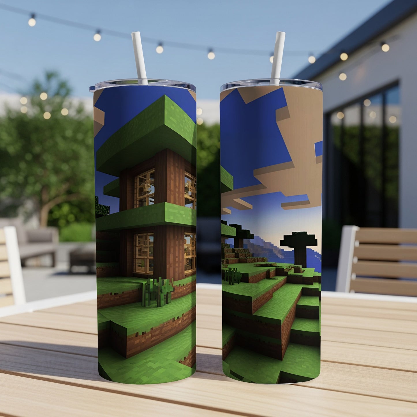 Minecraft-themed tumbler with pixelated treehouse and landscape design.