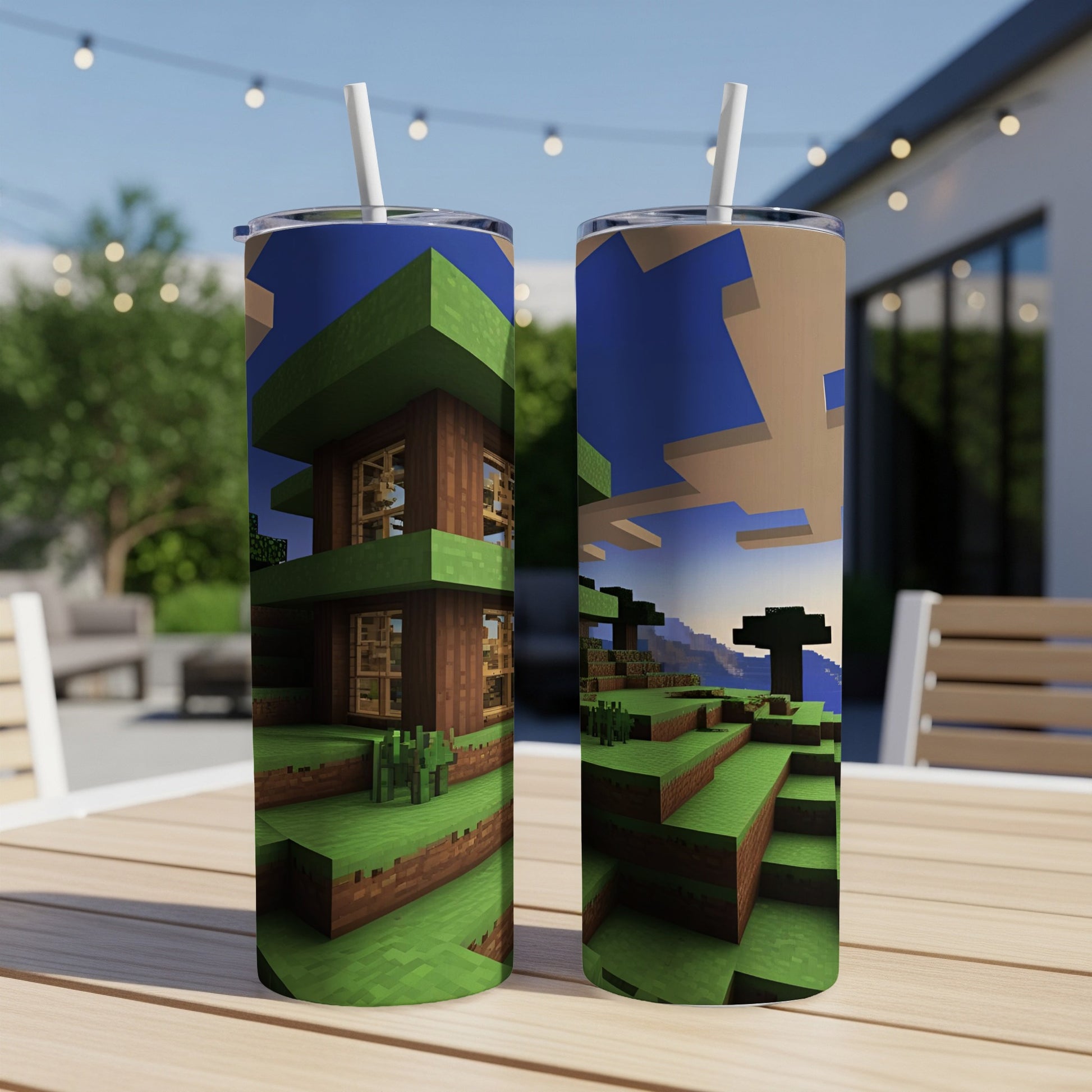 Minecraft-themed tumbler with pixelated treehouse and landscape design.